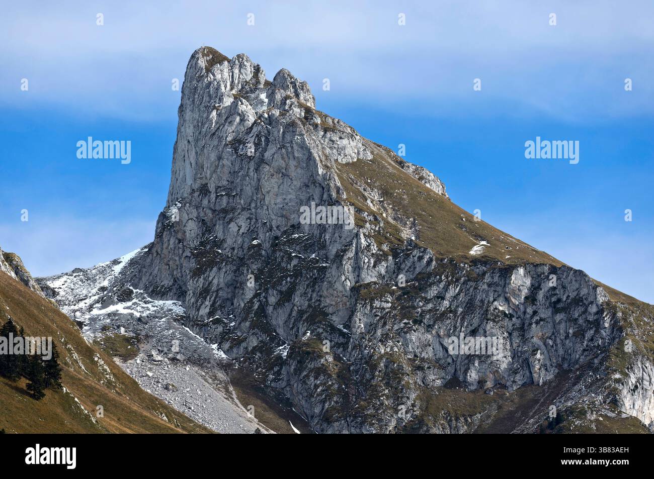 Gipfel ChÃteau d Oche, Bernex, Kalksteingipfel im französischen Chablais, Savoyer Alpen, Frankreich *** Gipfel ChÃteau d Oche, Bernex, Kalksteingipfel in Stockfoto