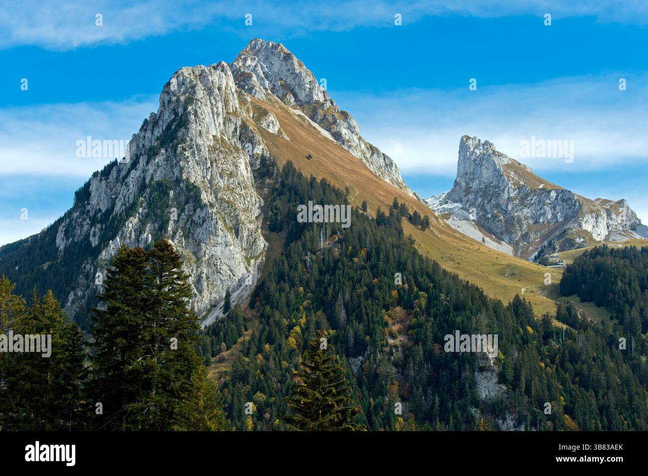 Gipfel Dent d Oche und, hinten, ChÃteau d Oche, Bernex, Kalksteingipfel im französischen Chablais, Savoyer Alpen, Frankreich *** Gipfel Dent d Oche und Stockfoto