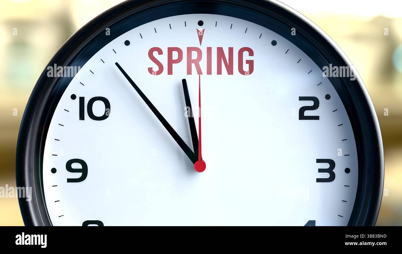 Der Frühling wird bald passieren. Der kommende Frühling nähert sich in naher Zukunft. Frühling fast hier, in kurzer Zeit - eine Uhr symbolisiert eine Drehzahl Stockfoto