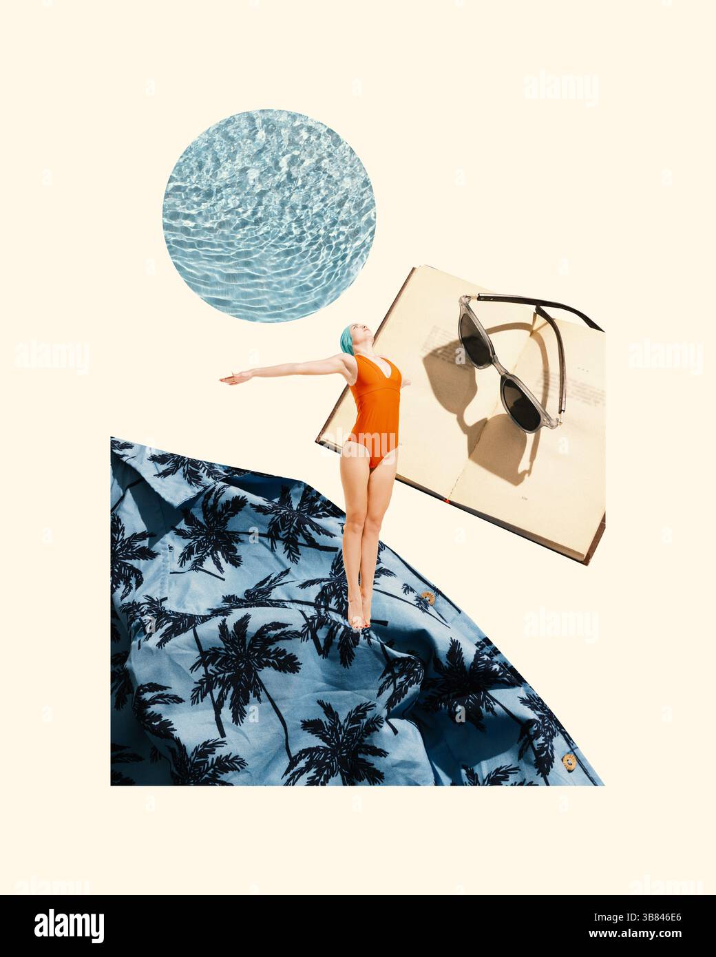 Konzeptuelle Collage. Schwimmen Sie in orangefarbenen Anzügen, tauchen Sie vom tropischen Hemd in Richtung Poolkreis und öffnen Sie ein Buch mit Sonnenbrille. Stockfoto