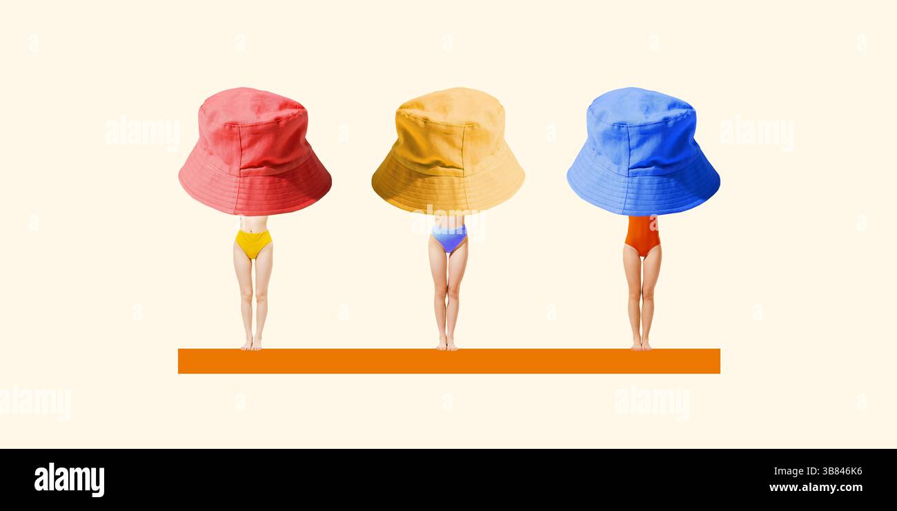 Minimalistische Kunstcollage. Drei weibliche Figuren in Badeanzügen stehen nebeneinander und tragen übergroße bunte Hüte. Stockfoto
