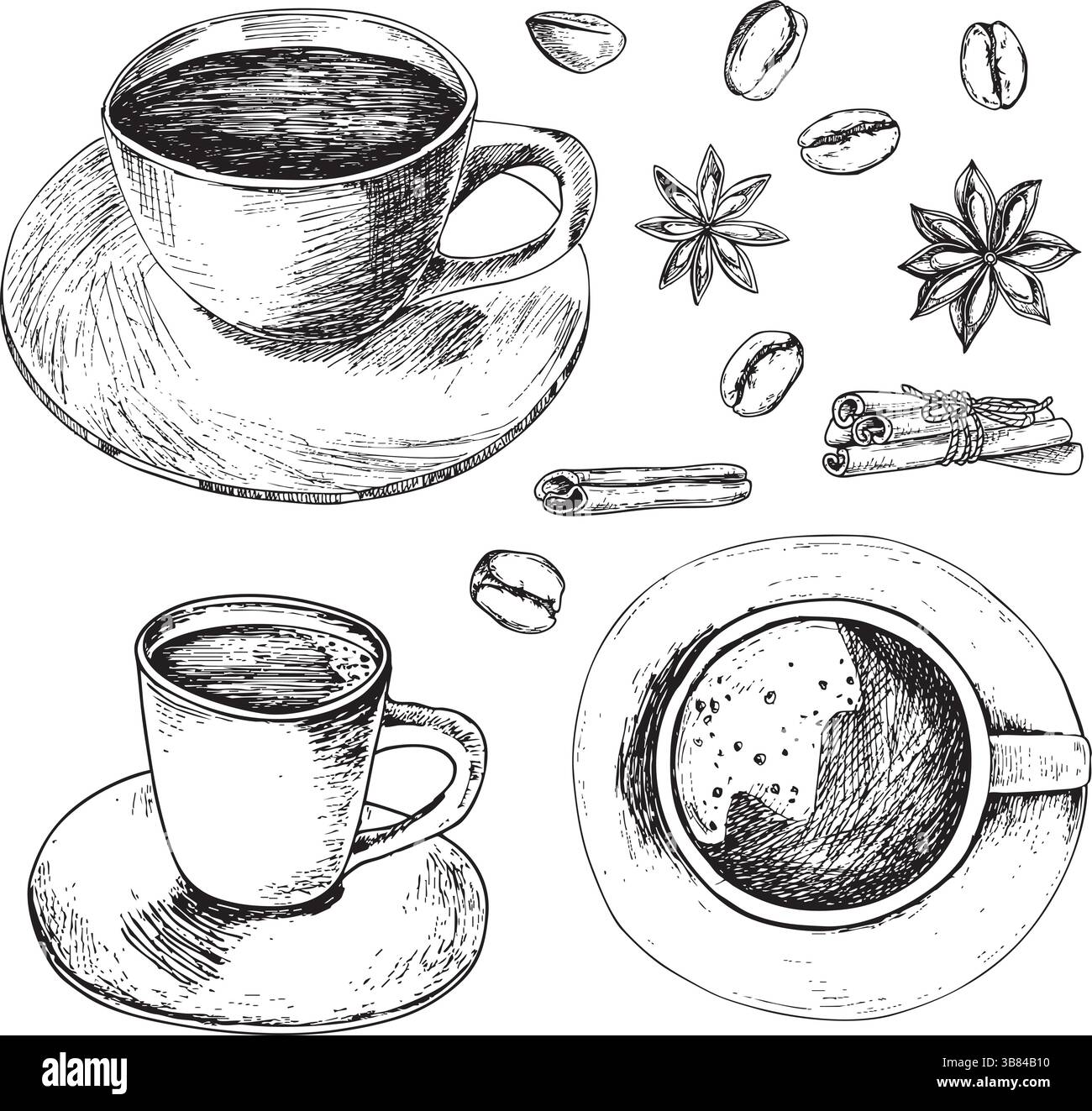 Kaffee, Tee, Zimtstangen, Anis, Kaffeebohnen Stock Vektor