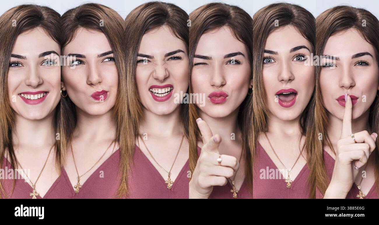 Set von jungen Frauen mit unterschiedlichen Ausdrücken auf blauem Hintergrund Stockfoto