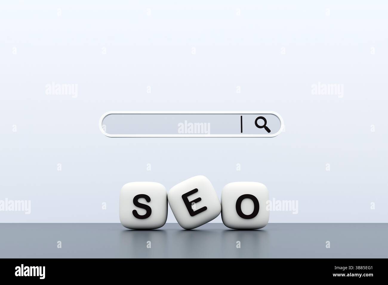 Minimalistisches seo-Konzeptbild mit Suchleiste und 3D-Blöcken zur Rechtschreibung seo, symbolisiert digitales Marketing und Suchoptimierung Stockfoto
