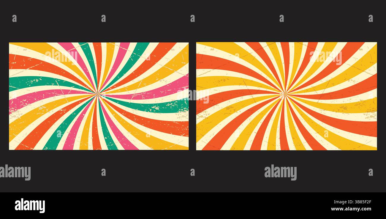 Set aus zwei verschiedenen Retro-Sunburst-Hintergründen. Cremefarbener Hintergrund im Grunge-Stil, perfekt für Vintage-Designs. Stock Vektor
