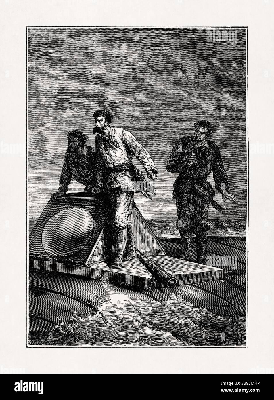 Illustration von Alphonse de Neuville, die Captain Nemo, seinen Leutnant und Professor Aronnax auf der Plattform des Nautilus aus dem Buch Twent darstellt Stockfoto