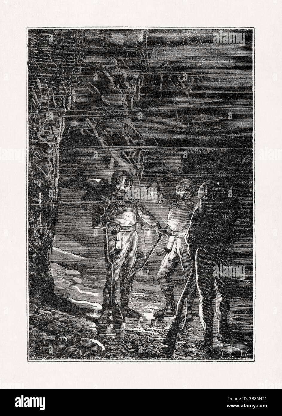 Illustration von Alphonse de Neuville, die Captain Nemo, Professor Aronnax, Conseil und Ned Land in Tiefseetauchanzügen aus dem Buch 'Twenty th Stockfoto