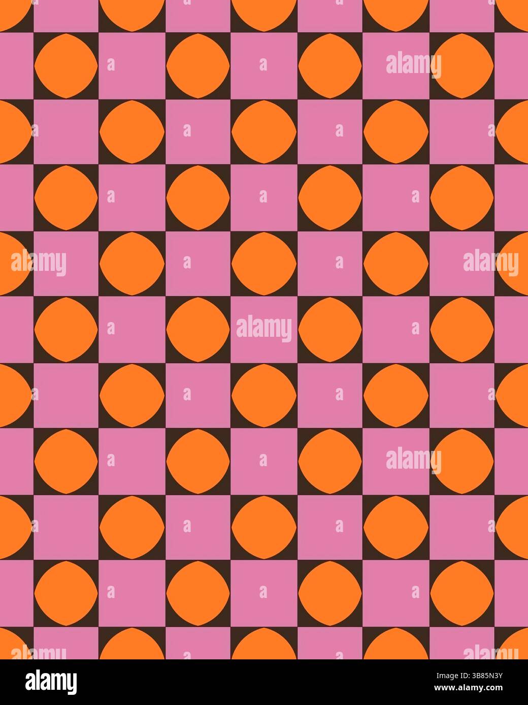 Das leuchtende Muster mit orangefarbenen Formen auf rosafarbenem Hintergrund sorgt für ein auffälliges geometrisches Design, das sich nahtlos wiederholt. Stockfoto
