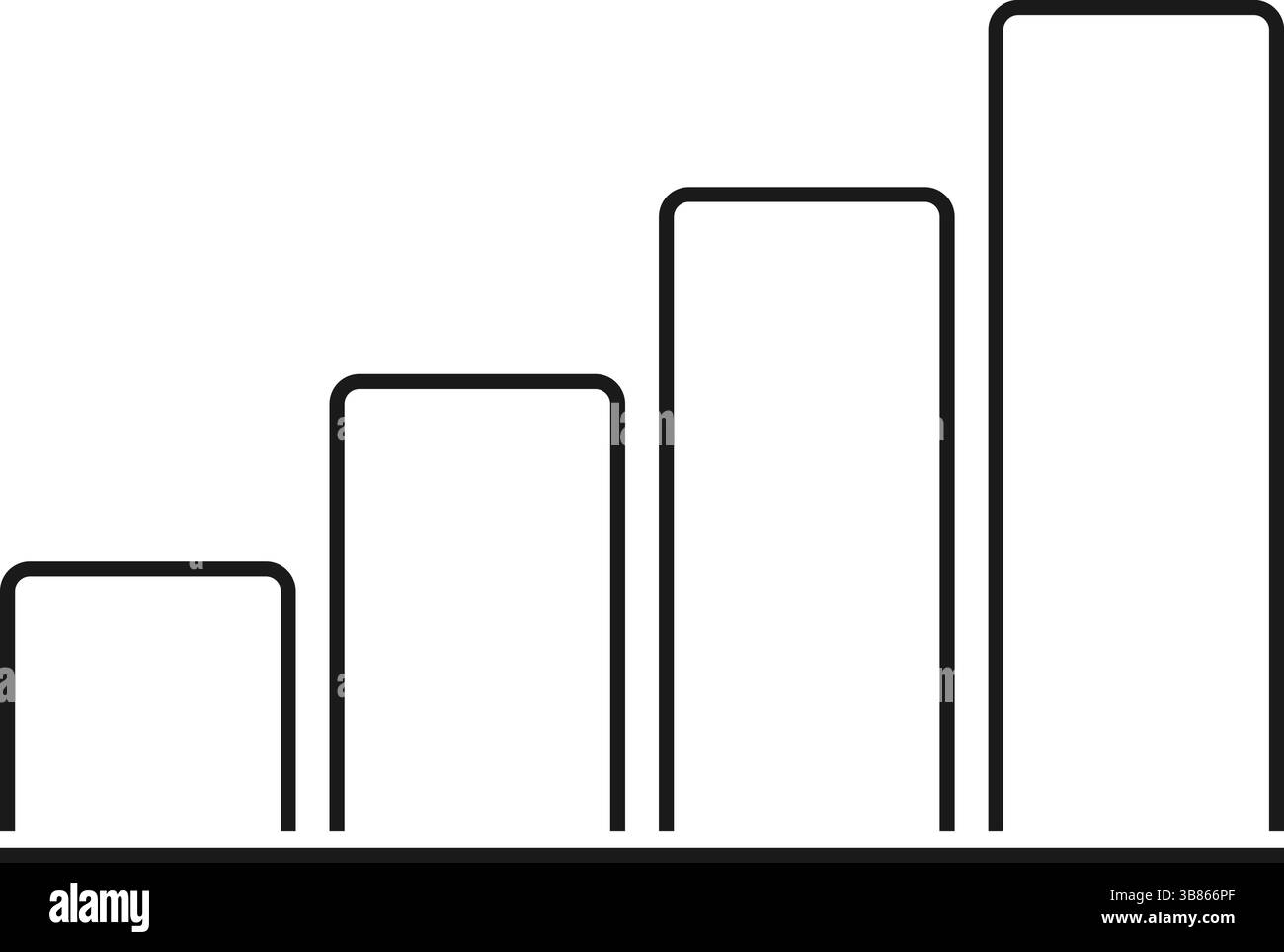 Wachstumsdiagramm-Symbol mit vier aufsteigenden Balken auf weißem Hintergrund. Minimaler schwarzer Umrissstil, der den Geschäftsfortschritt, die Analyse und den Erfolg repräsentiert Stock Vektor