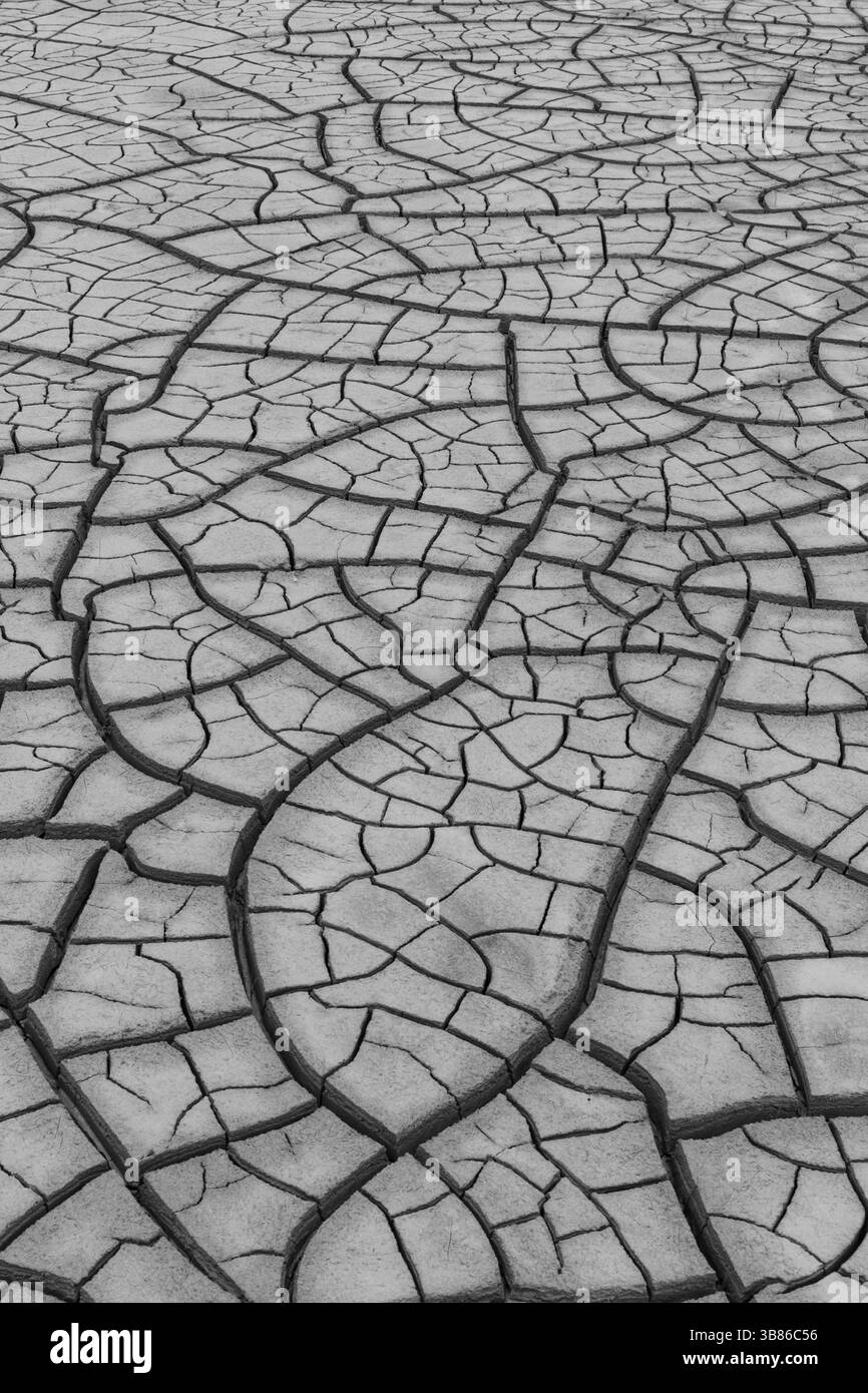 Nahaufnahme trockener, rissiger Böden in einem von Dürre betroffenen Gebiet, die auf Klimawandel und Umweltzerstörung hinweisen. Stockfoto