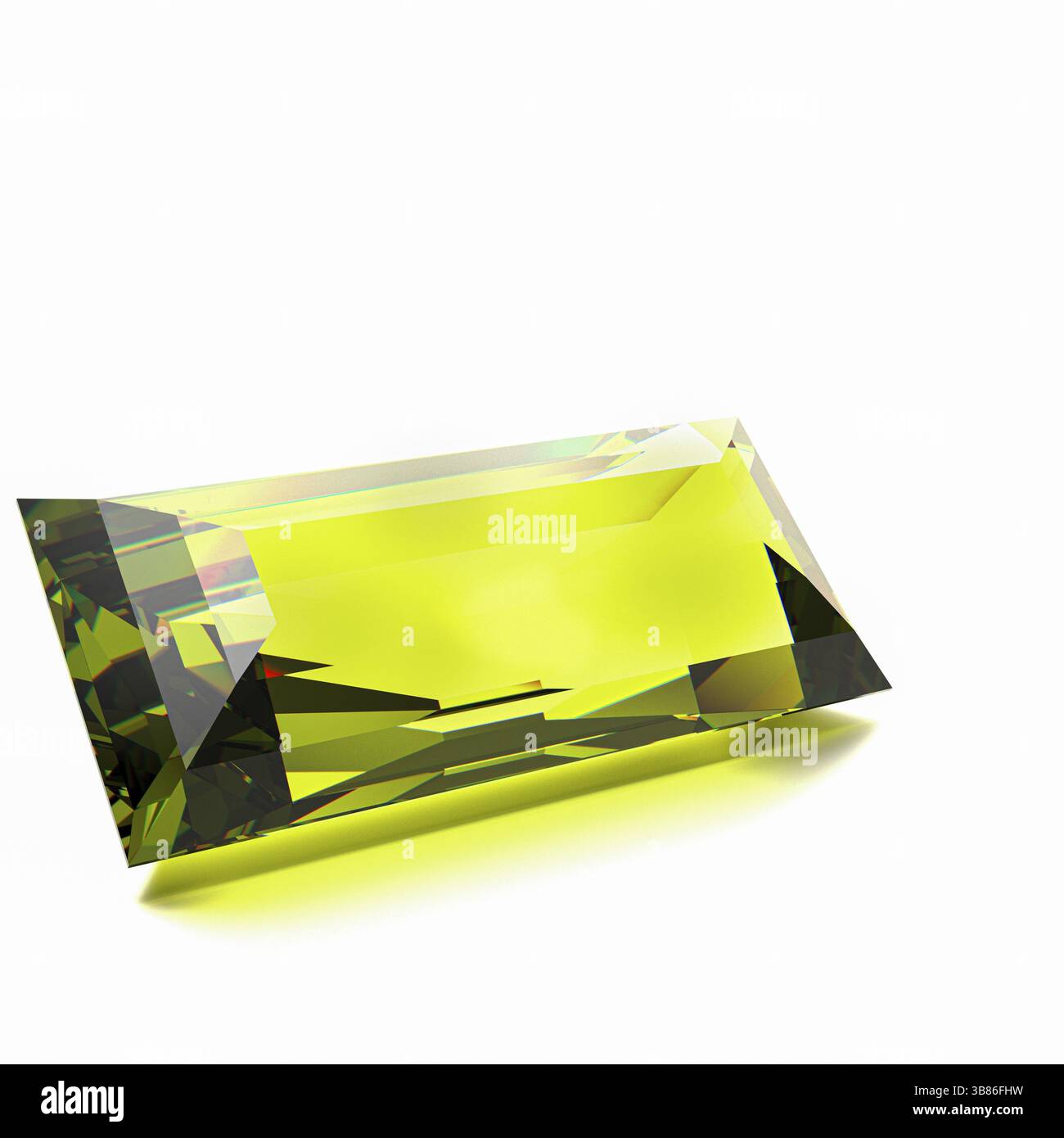 Facettiertes großes klares Peridit auf reflektierendem Hintergrund. Die durch Eisen verursachte Farbe ist nicht homogen Stockfoto