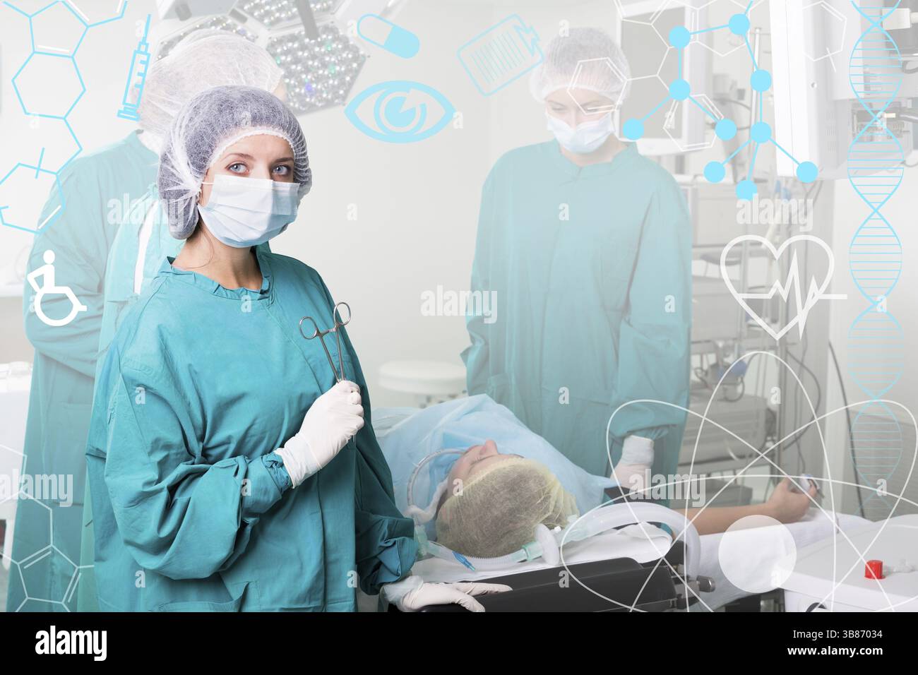 Team von Chirurgen in Uniform führen Sie Operation an einem Patienten Stockfoto Team von Chirurgen in Uniform führen Sie Operation an einem Patienten Stockfoto