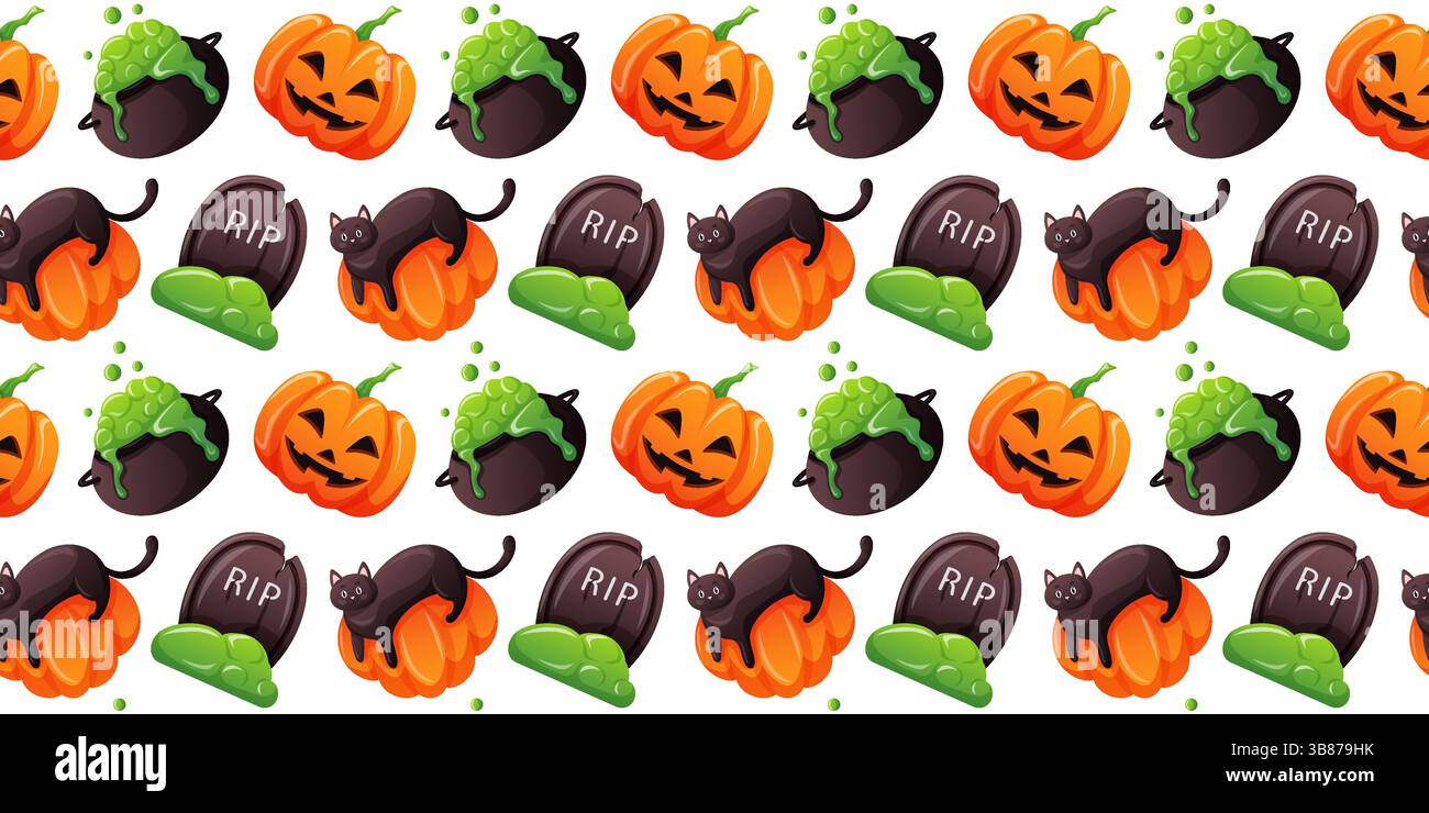 Nahtloses Halloween-Muster mit Kürbis, schwarzer Katze, Grabstein und sprudelndem Kessel im Cartoon-Stil auf weißem Hintergrund. Ideal für festliches Design Stock Vektor
