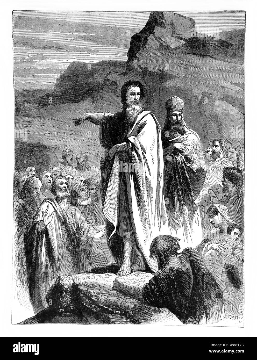 Illustration von Moses, der das Gesetz zu Israel (Deuteronomium) aus dem Antiken 19. Jahrhundert einstudiert. Die Bibel enthält das Alte und das neue Testament mit E Stockfoto Illustration von Moses, der das Gesetz zu Israel (Deuteronomium) aus dem Antiken 19. Jahrhundert einstudiert. Die Bibel enthält das Alte und das neue Testament mit E Stockfoto