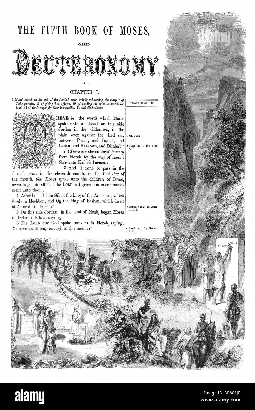 Titelseite von Deuteronomium das fünfte Buch Moses aus dem antiken 19. Jahrhundert die Heilige Bibel enthält das Alte und das neue Testament mit Erläuterungen Stockfoto
