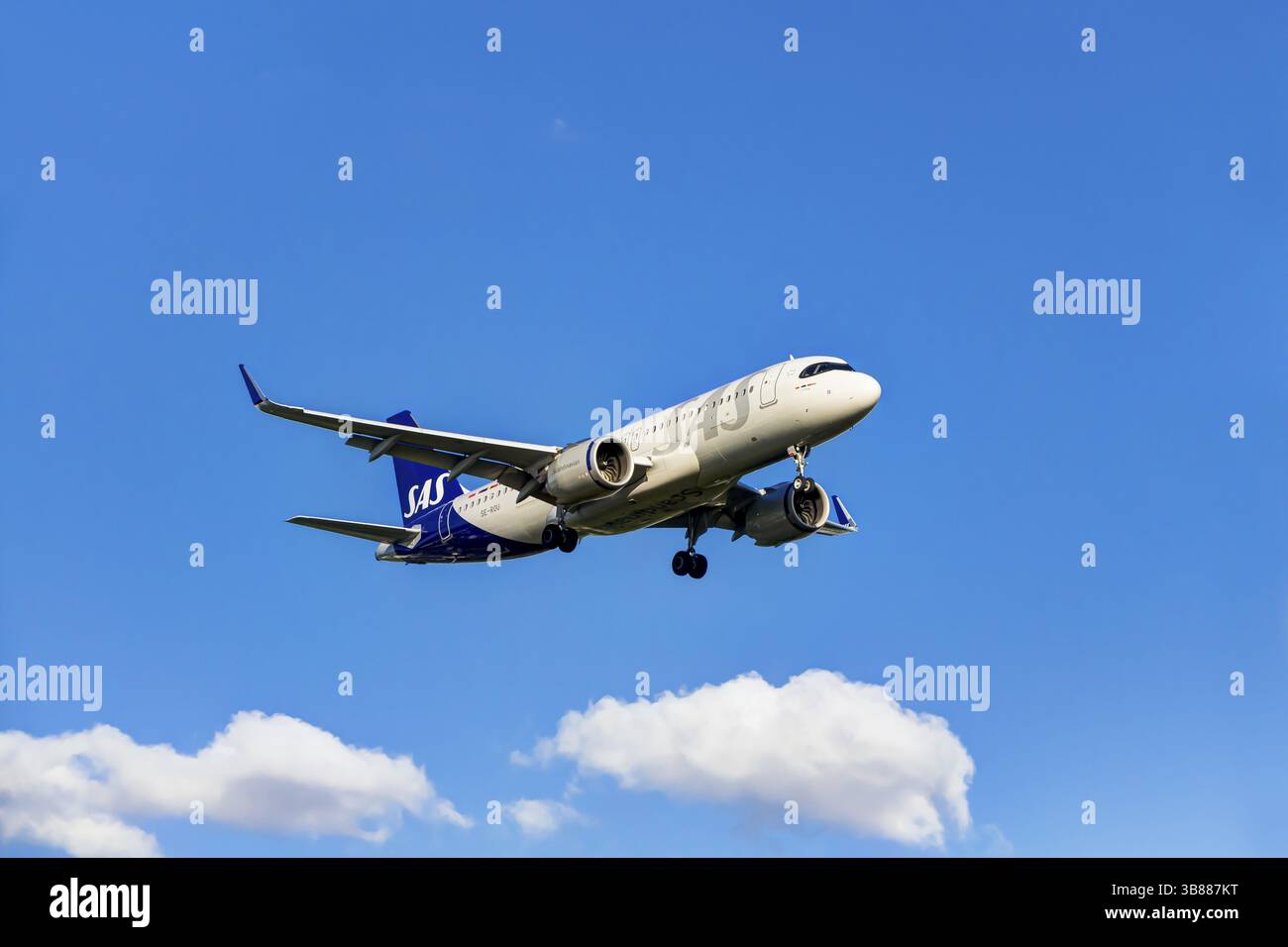 SAS Scandinavian Airlines Airbus 320 im Landeanflug auf den Flughafen Frankfurt am Main, Deutschland Stockfoto