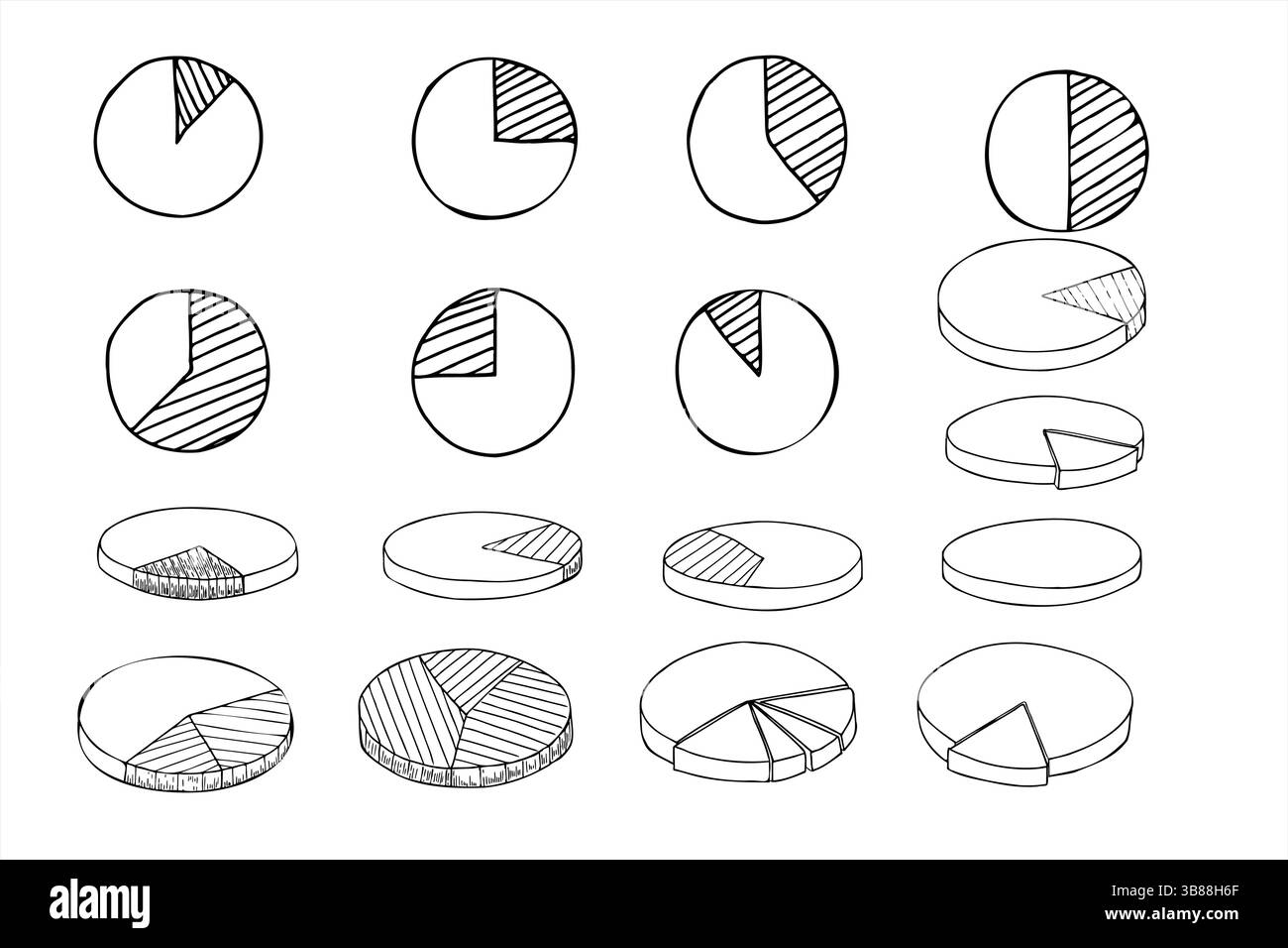 Handgezeichneter Satz von Tortendiagrammen mit segmentierten Abschnitten in verschiedenen Proportionen Vektor-isolierte Illustration. Verteilung von Geschäftsdaten mit Segmenten Stock Vektor