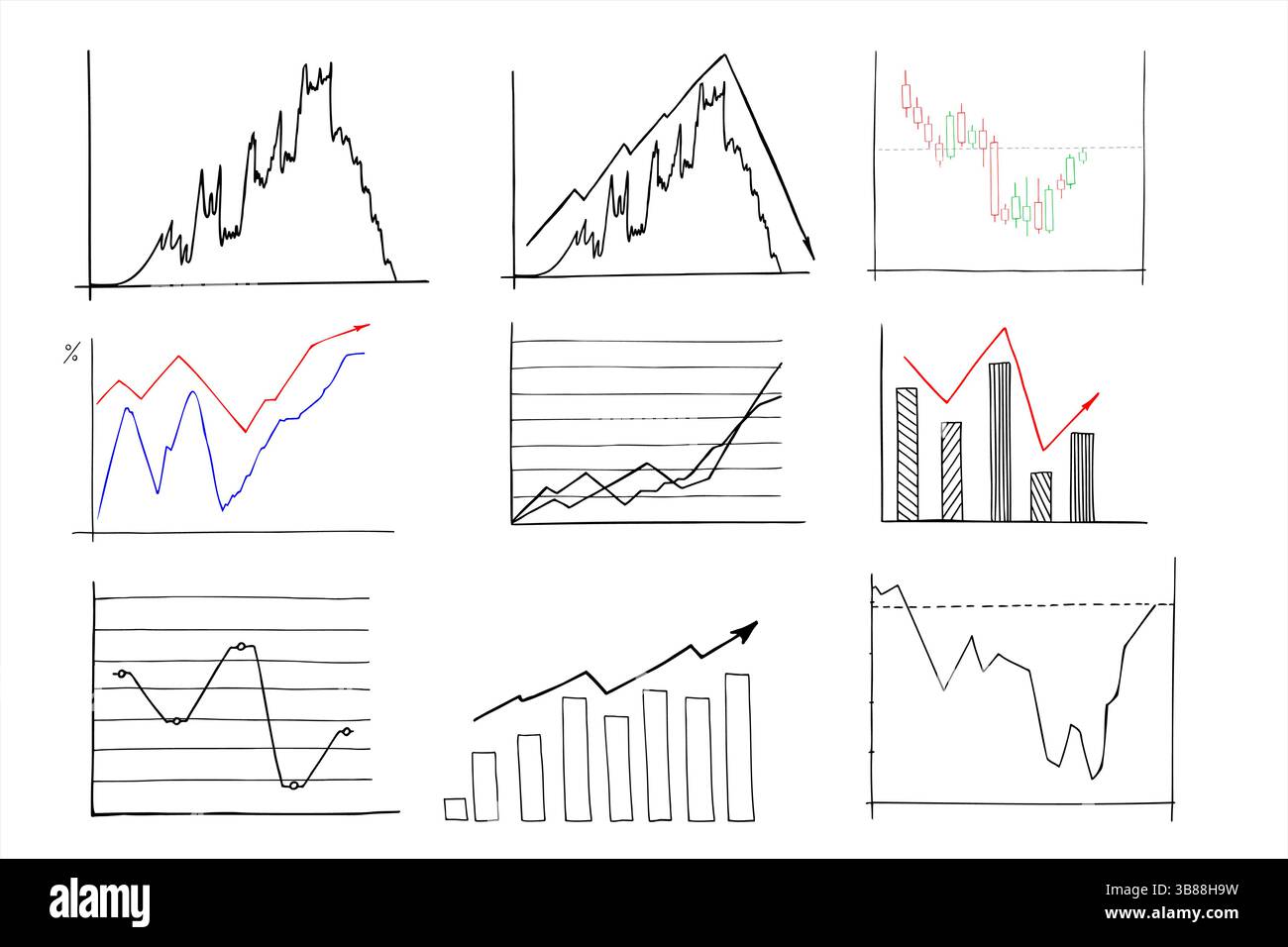 Diagrammlinien festgelegt. Diagramm, Finanzbericht, Einkommenswachstum, Wirtschaftsstatistik, Diagramm, Infografik, Mindmap, Vektorillustration für Datenvisualisierung Stock Vektor