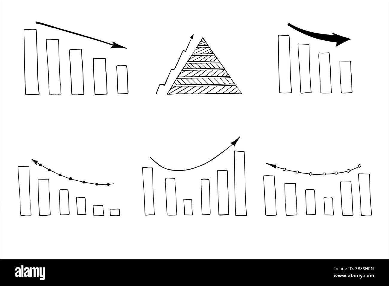 Satz von Balkendiagrammen mit aufsteigenden oder absteigenden Spalten und dynamischen Pfeilen, die auf eine schwarze Druckgrafik für das Wachstum oder den Rückgang der Liniengrafik hinweisen. Minimalistischer Vektor Stock Vektor