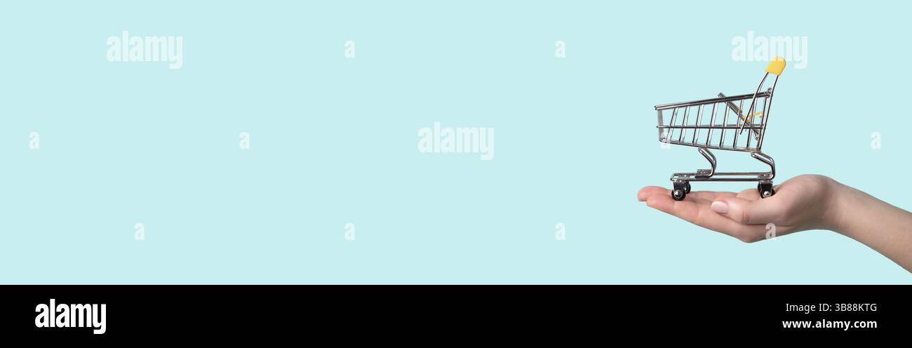 Spielzeug Warenkorb in weiblicher Hand.Einkaufswagen auf Hand über blauem Hintergrund.Kopierraum für Text oder Design.Einkaufswagen nahtloses Muster als Verkauf, di Stockfoto