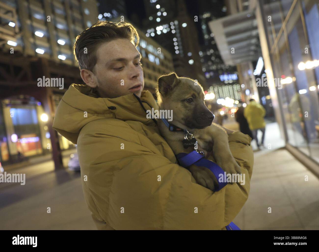 14. Dezember 2023: Landyn DeWitt und sein Hund Pistachio spazieren am 13. Dezember 2023 um den Loop in Chicago. DeWitt adoptierte Pistazio von der Anti-Grausamkeit-Gesellschaft am Dienstag. (Foto: © Trent Sprague/Chicago Tribune via ZUMA Press Wire) Stockfoto
