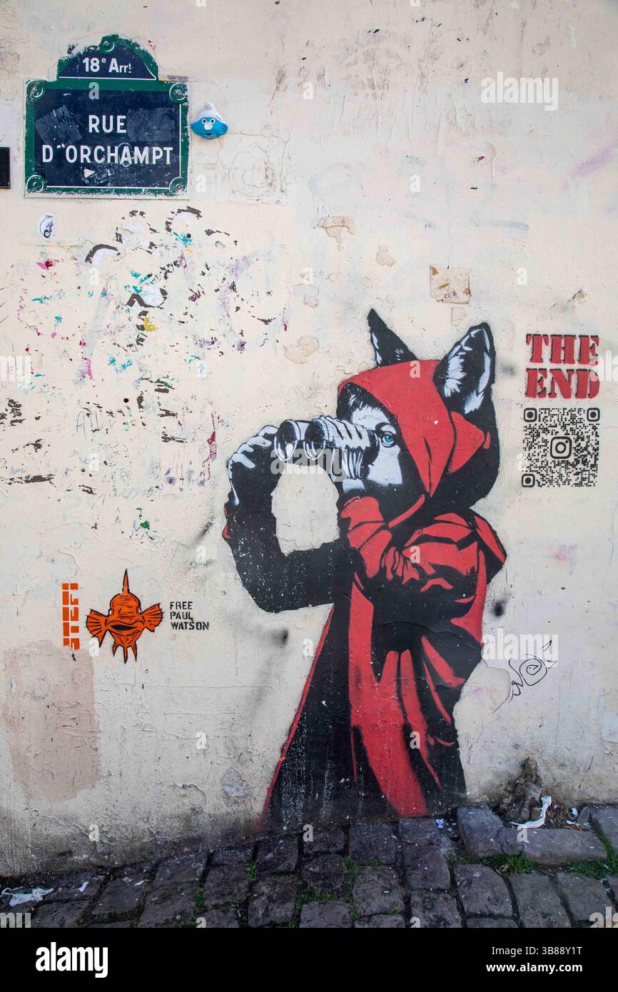 Montmartre Street Art: Schablonengraffiti am Ende an der Mauer der Rue d'Orchampt in Paris, Frankreich Stockfoto