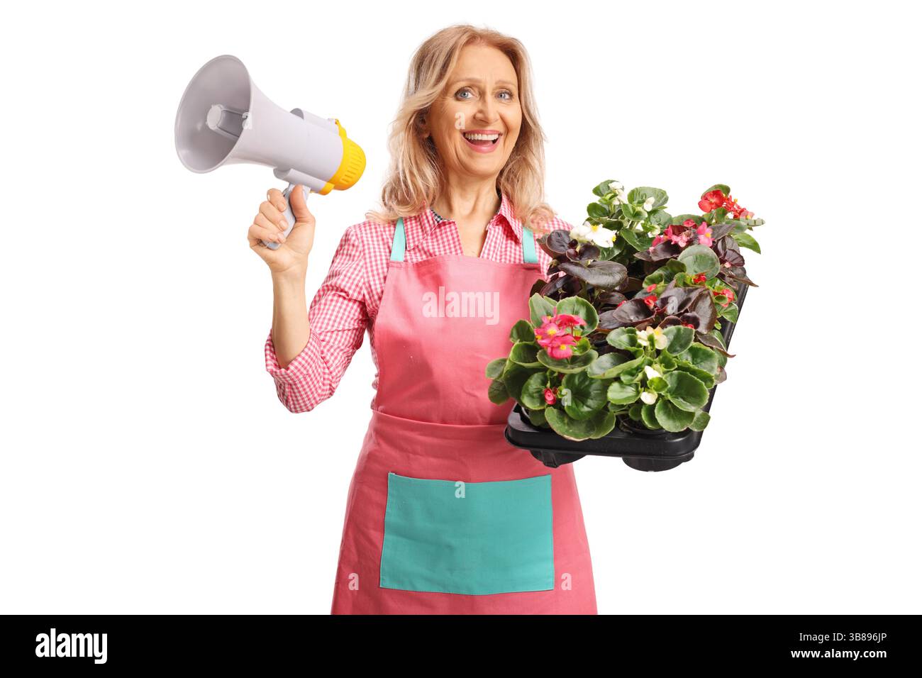 Frau mit Fowers und einem Megaphon isoliert auf weißem Hintergrund Stockfoto