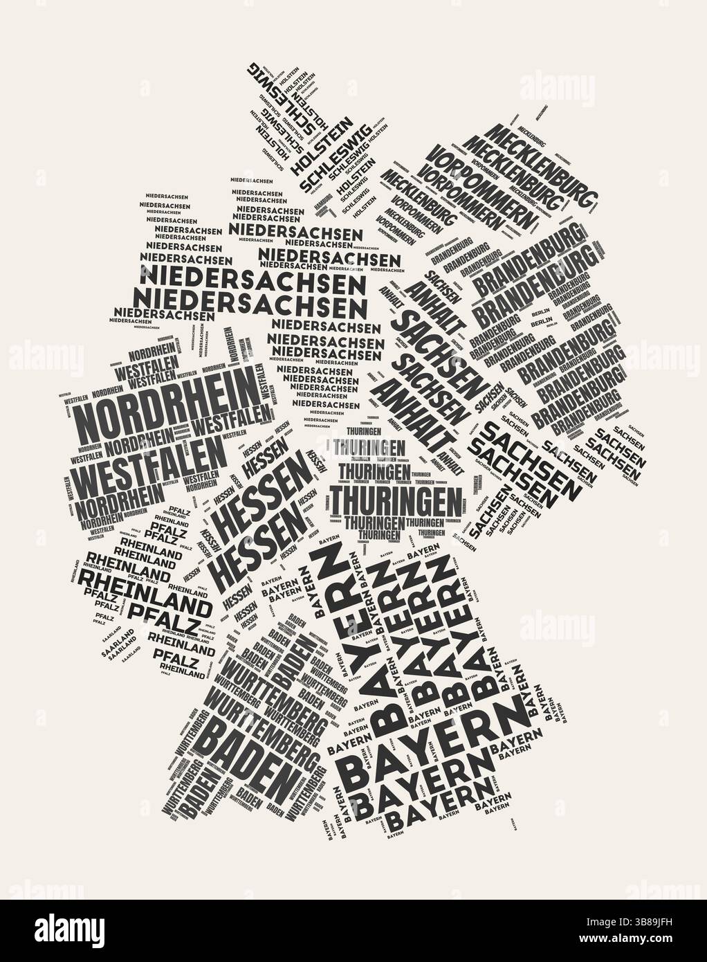 Wortwolke Deutschland. Land mit Geschäftsbereich Regionen. Deutschland typografischer Text Wolken Vektor-Bilddesign. Landschaftbild im Vintage gazette-Stil. Stock Vektor