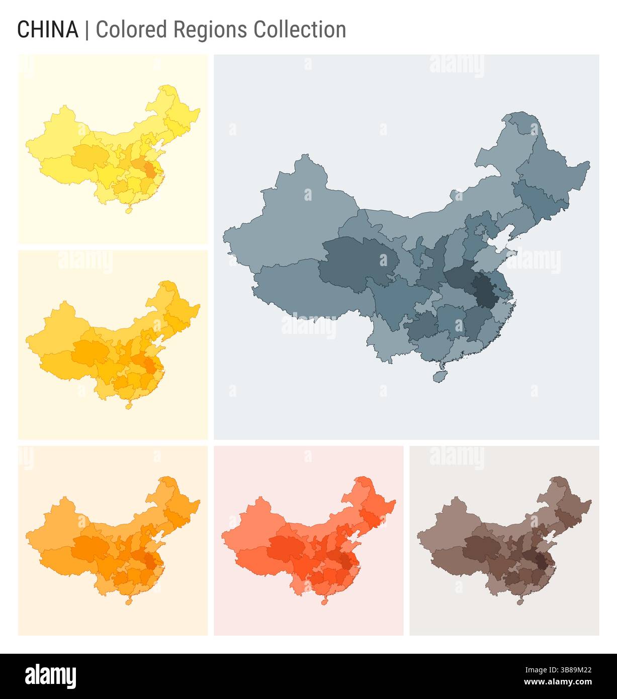 Kartensammlung China. Länderform mit farbigen Regionen. Blau, Grau, Gelb, Bernstein, Orange, Farbpaletten in tiefem Orange und Braun. Stock Vektor
