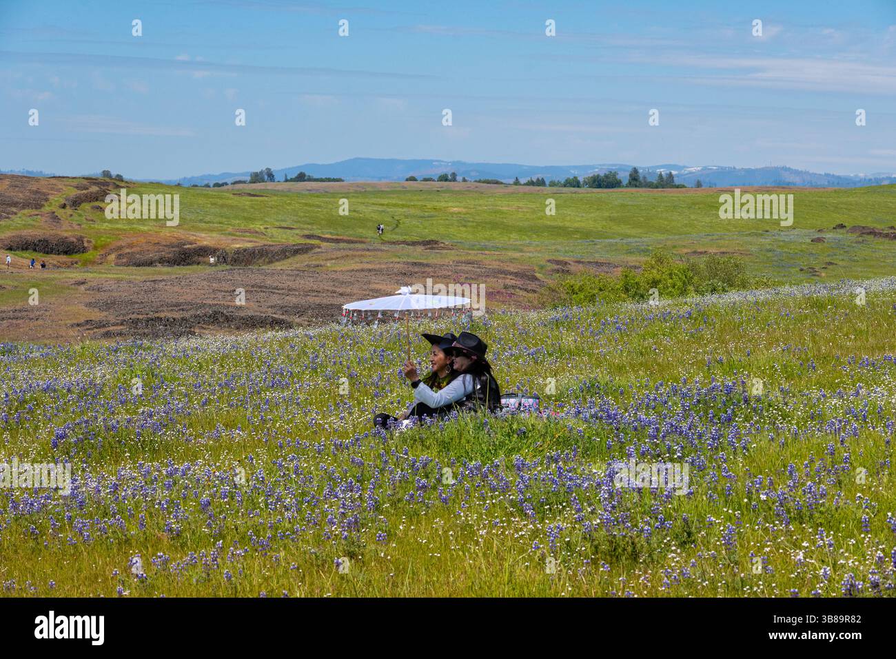 Zwei Besucher lassen sich an einem sonnigen Frühlingstag im North Table Mountain Ecological Reserve im Butte County zwischen Wildblumen fotografieren. Stockfoto