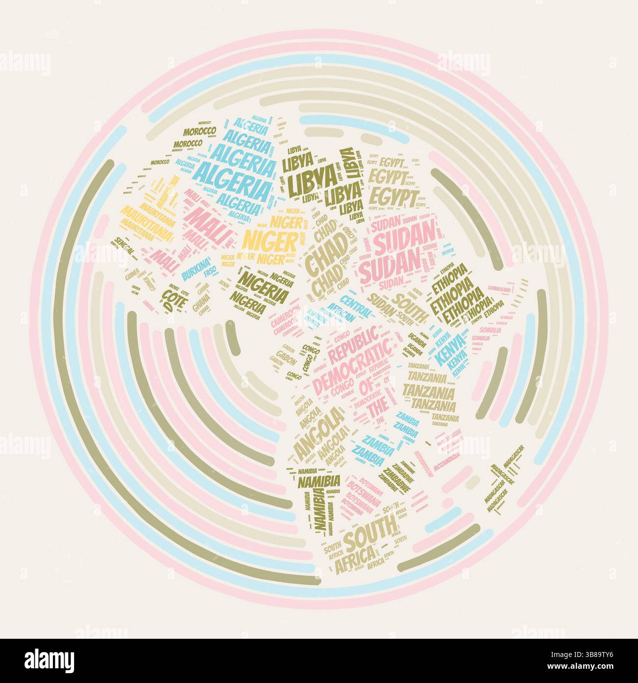 Poster Afrika-Runde. Typographische Darstellung des Kontinents. Länder Wort Wolken von Afrika. Vintage-Design mit Kratzstruktur. Stock Vektor