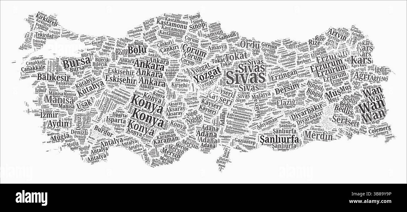 Textformatbereiche Türkei. Länderregion benennt Wortwolken in türkischer Sprache. Wunderschöne Vektorillustration. Stock Vektor