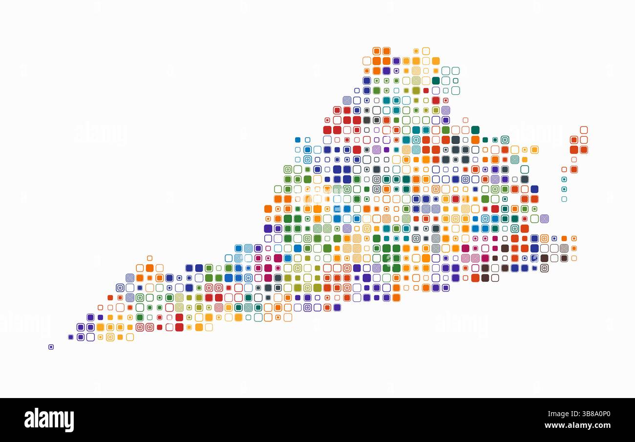Virginia, Form des Staates, gebaut aus farbigen Zellen. Digitale Karte von Virginia auf weißem Hintergrund. Kleine abgerundete quadratische Blöcke. Stock Vektor