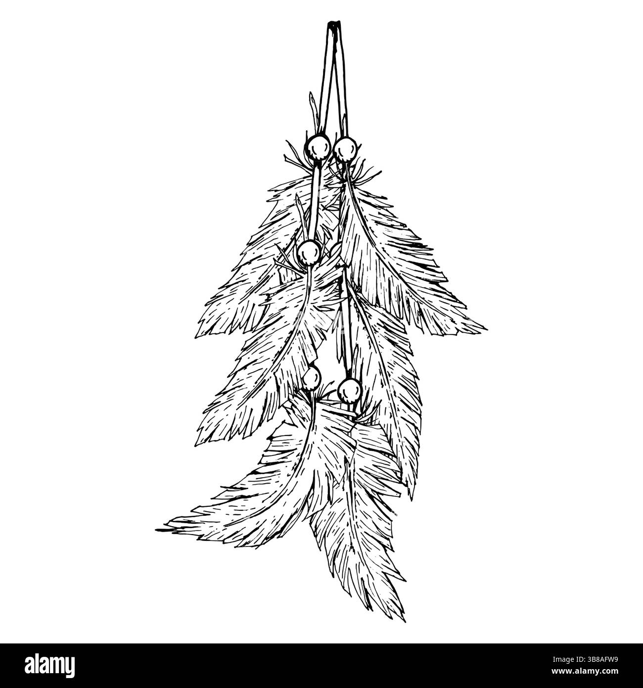 Detaillierte Schwarz-weiß-Vektor-Illustration von hängenden Federn mit Perlen, Hand in Tinte gezeichnet. Ethno-Boho-Element für Traumfänger, Tattoos Stock Vektor