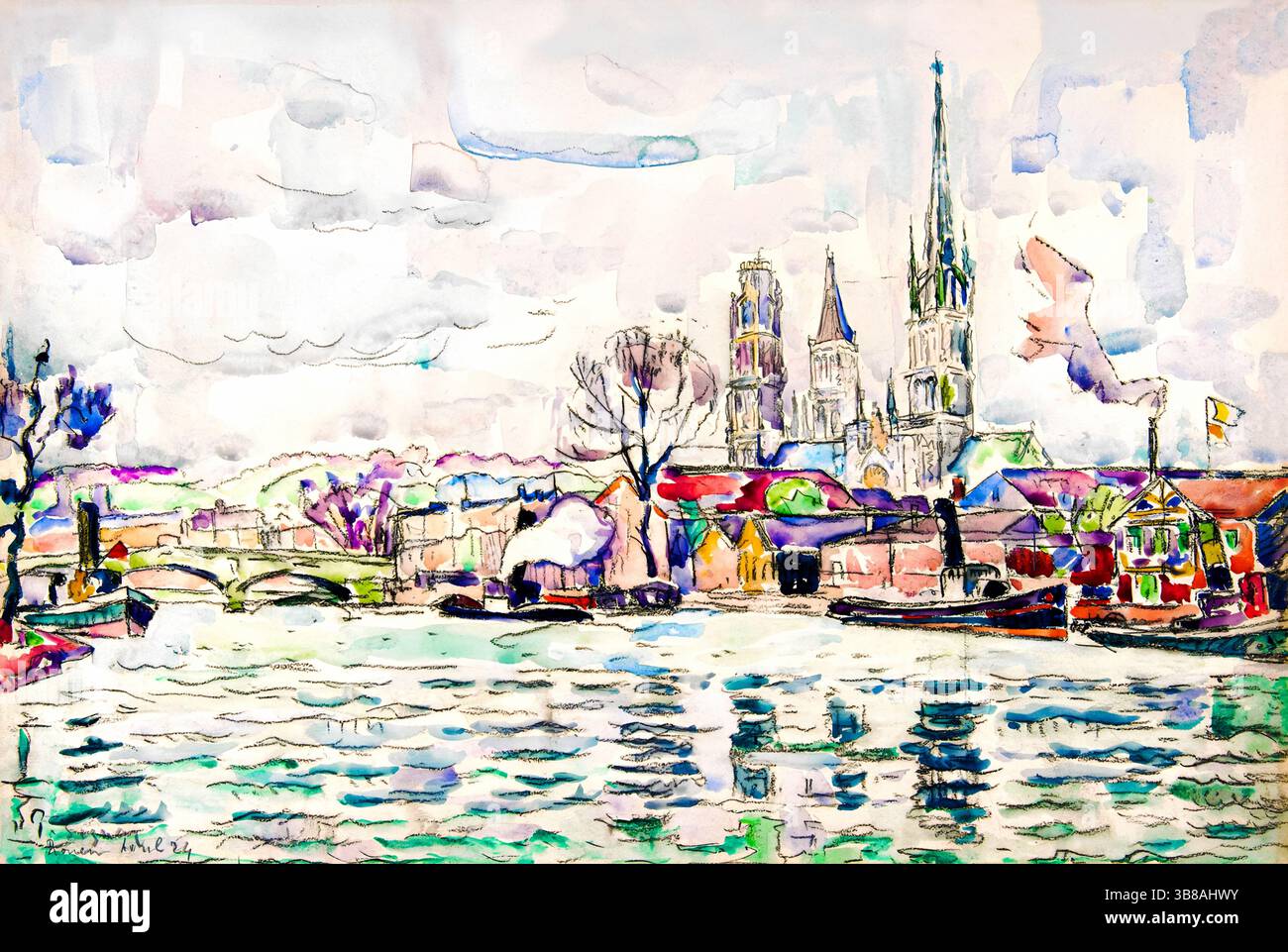 „River Scene: Rouen“ von Paul Signac, April 1924. Zartes Aquarell über schwarzer Kreide und Graphit der seine-Kante in Rouen, Bretagne. Öffentliche Doma Stockfoto