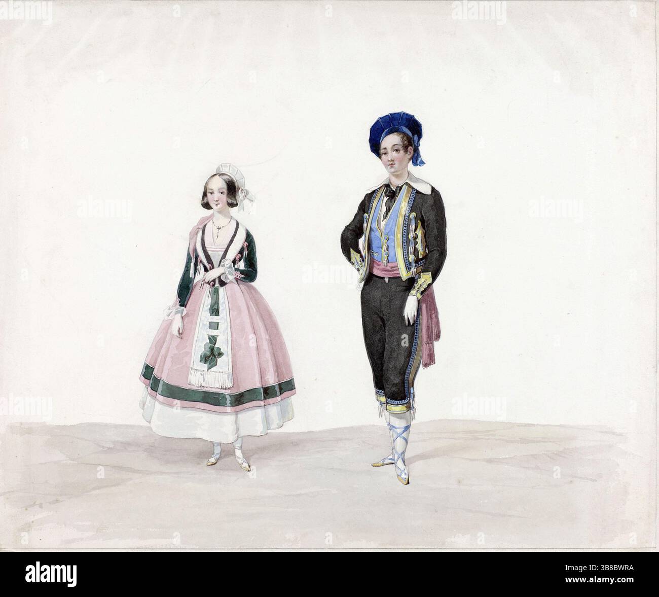 Farbige Zeichnung eines Mannes und einer Frau in historischer Tracht 1841 von Huib van Hove, möglicherweise spanische Kostüme getragen auf dem Kostümball in den Haag Niederlande 17. - 19. Februar 1841 25. Jahrestag von König Willem II. Und Anna Paulowna, antike Vintage-Druckkunst Stockfoto