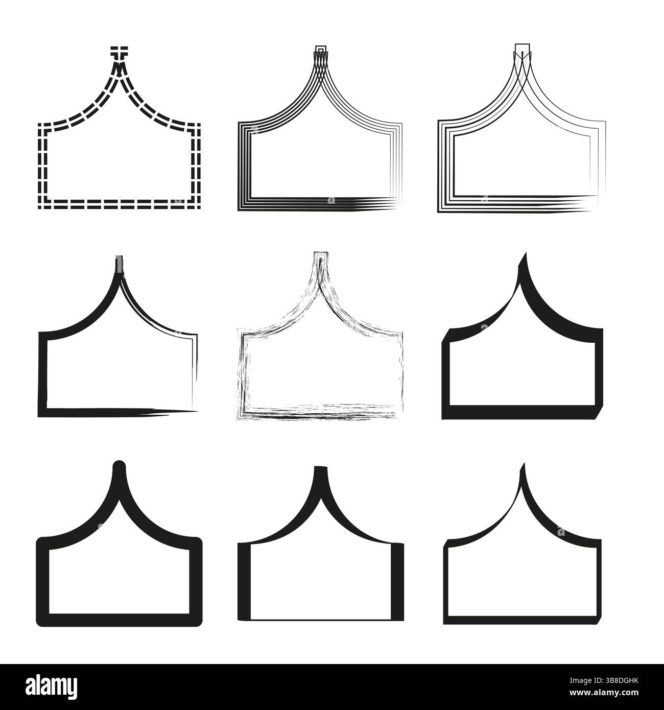 Dachform Kollektion. Symbol für architektonische Umrisse. Abbildung oben des Gebäudes. Vektorrahmensatz. Stock Vektor