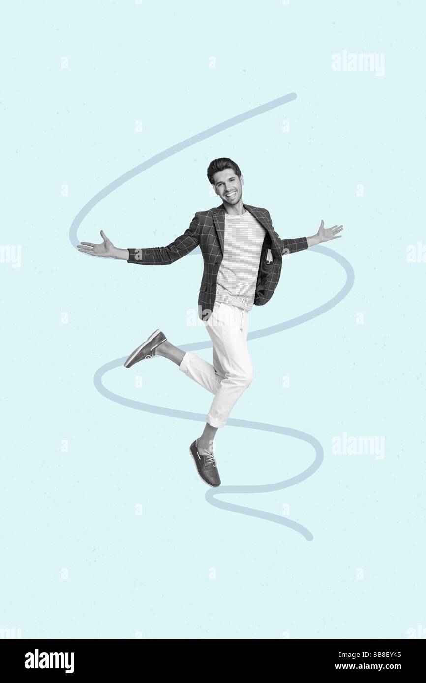 Poster-Bildcollage einer Person auf blauem Hintergrund mit Bewegungslinie Stockfoto