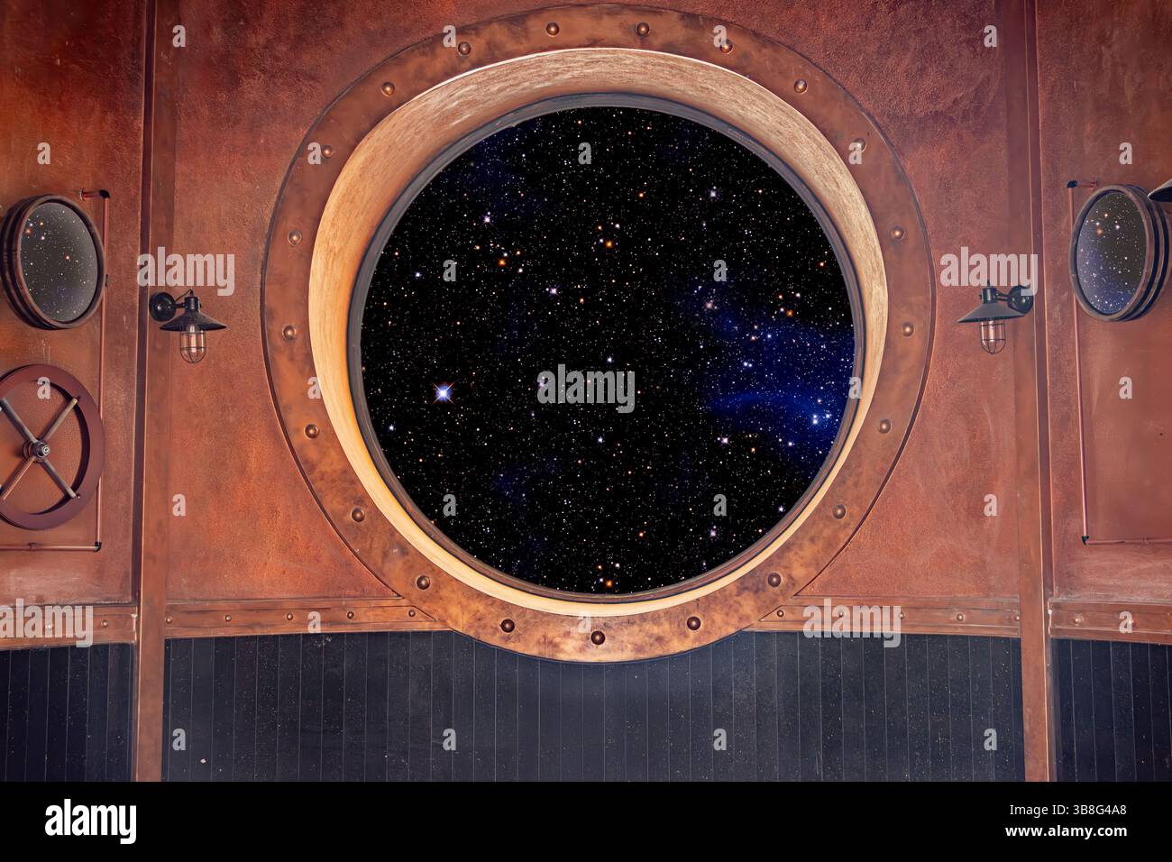 Das Innenleben im Steampunk-Stil zeigt ein kreisförmiges Raumschiff-Fenster, das eine faszinierende Sternenansicht bei Nacht umrahmt und Entdeckungen und Vorstellungskraft zeigt. Stockfoto