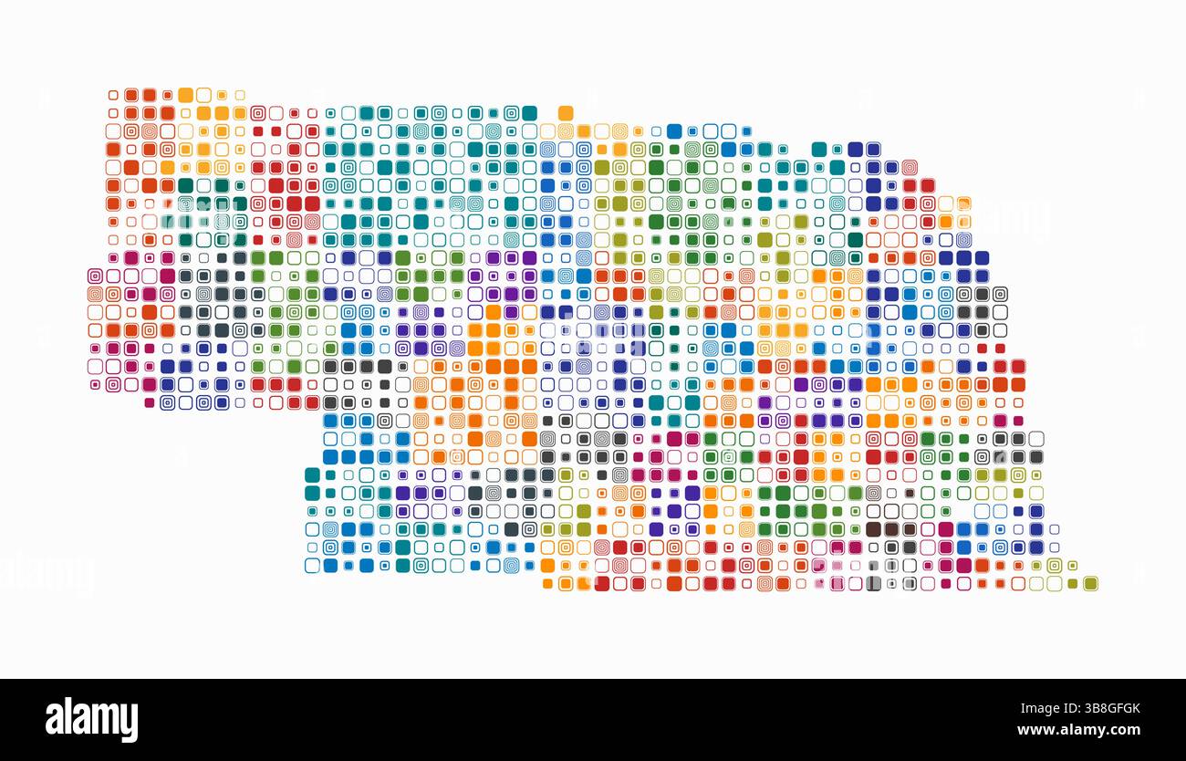Nebraska, Form des Staates, gebaut aus farbigen Zellen. Digitale Karte von Nebraska auf weißem Hintergrund. Kleine abgerundete quadratische Blöcke. Stock Vektor