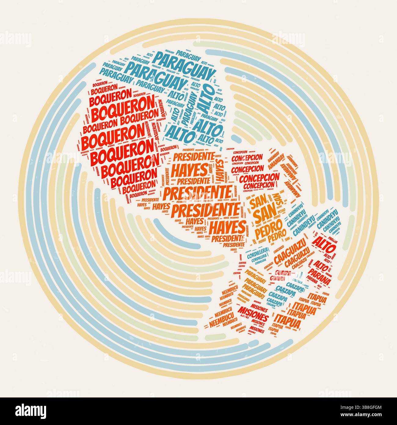 Poster Paraguay Round. Typographische Darstellung des Landes. Regionen Wortwolken von Paraguay. Vintage-Design mit Kratzstruktur. Stock Vektor