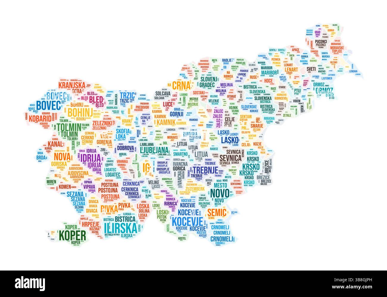 Word Cloud für die Region Slowenien. Ländliches Design. Slowenien farbige Abbildung. Bereichsnamen Collage Cloud. Vektorabbildung. Stock Vektor