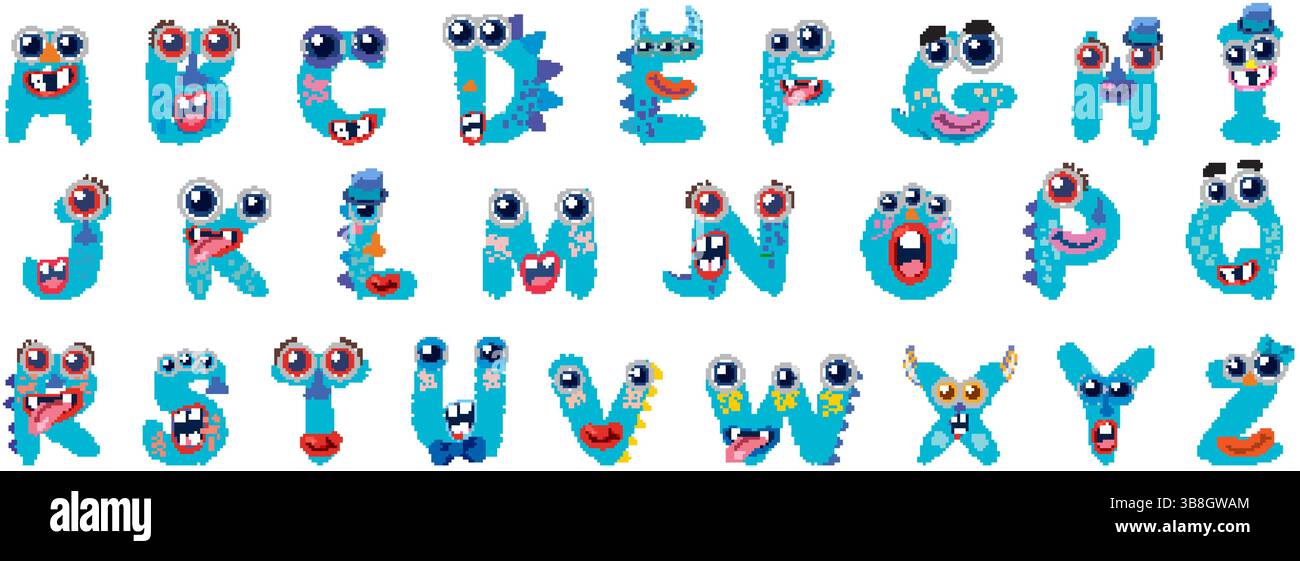 Farbenfrohe Alphabete mit Monster-Motiv, skurrilen Charakteren, leuchtenden Farben und verspieltem Design. Perfekt für Projekte und Lernmaterialien für Kinder Stock Vektor