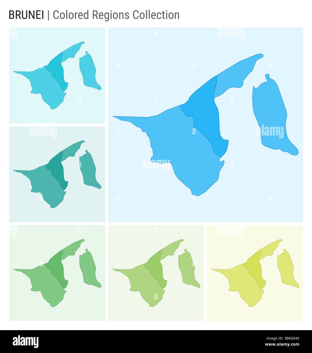 Brunei Kartensammlung. Länderform mit farbigen Regionen. Hellblau, Cyan, Petrol, grün, hellgrün, Farbpaletten in Limettenfarben. Stock Vektor