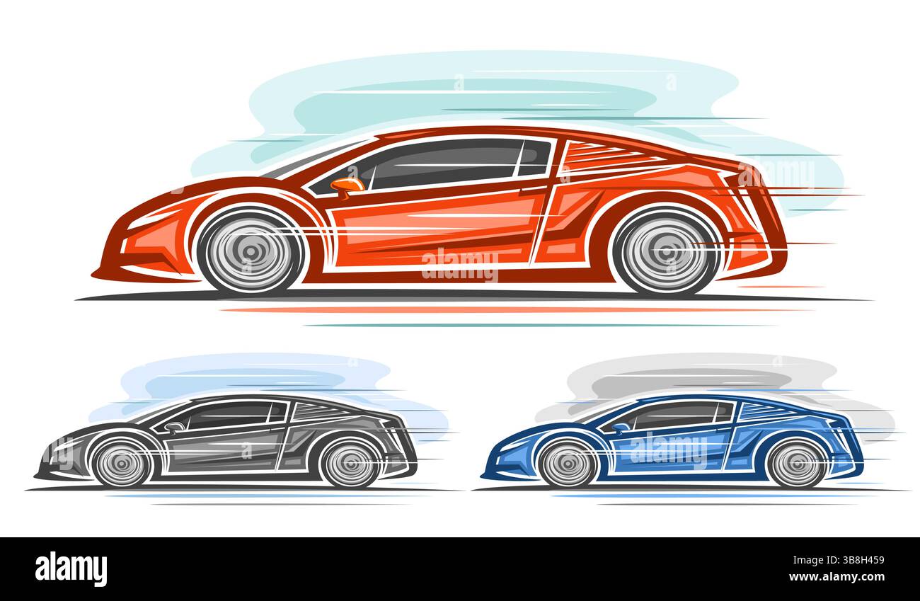 Vector Exotic Super Cars Set, horizontales Kfz-Poster mit 3 isolierten bunten Illustration des Heck-Motor-Konzepts Superauto in Bewegung, Clip Art Stock Vektor