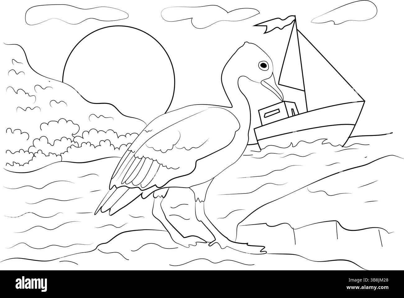 Einfache schwarz-weiße Linienzeichnung mit einer Ente, die am Ufer steht. Im Hintergrund segelt ein Segelboot auf dem Wasser unter einem Himmel mit dem Stock Vektor