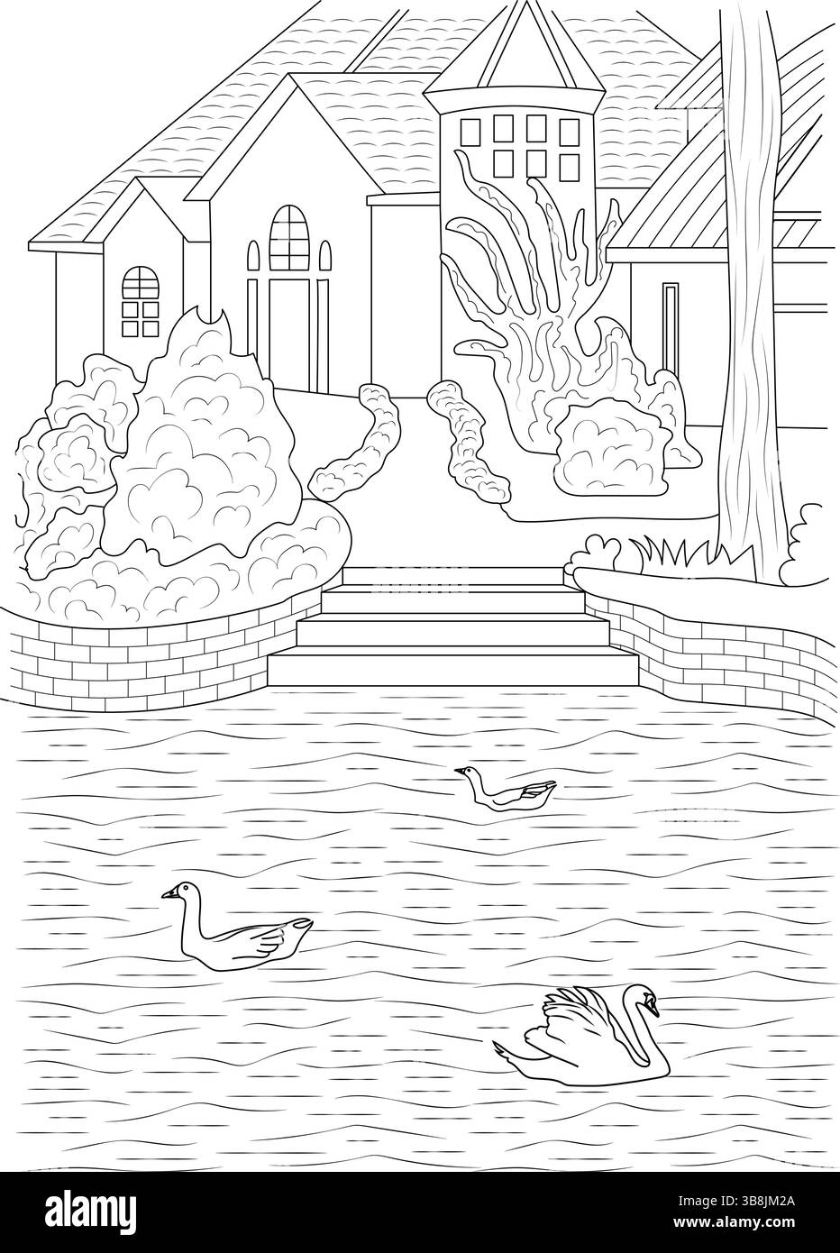 Schwarz-weiße Strichgrafik-Illustration mit einem charmanten Ferienhaus oder Haus mit Blick auf einen ruhigen Teich mit anmutigen Schwänen, die schwimmen. Ideal für Farbtöne Stock Vektor