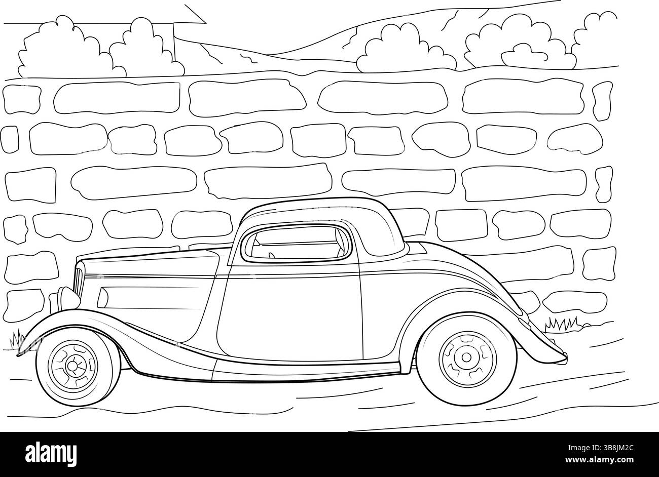 Eine schwarz-weiße Linienzeichnung eines Oldtimers, möglicherweise rot, parkt vor einer Steinmauer und Landschaft. Diese Abbildung ist perfekt Stock Vektor