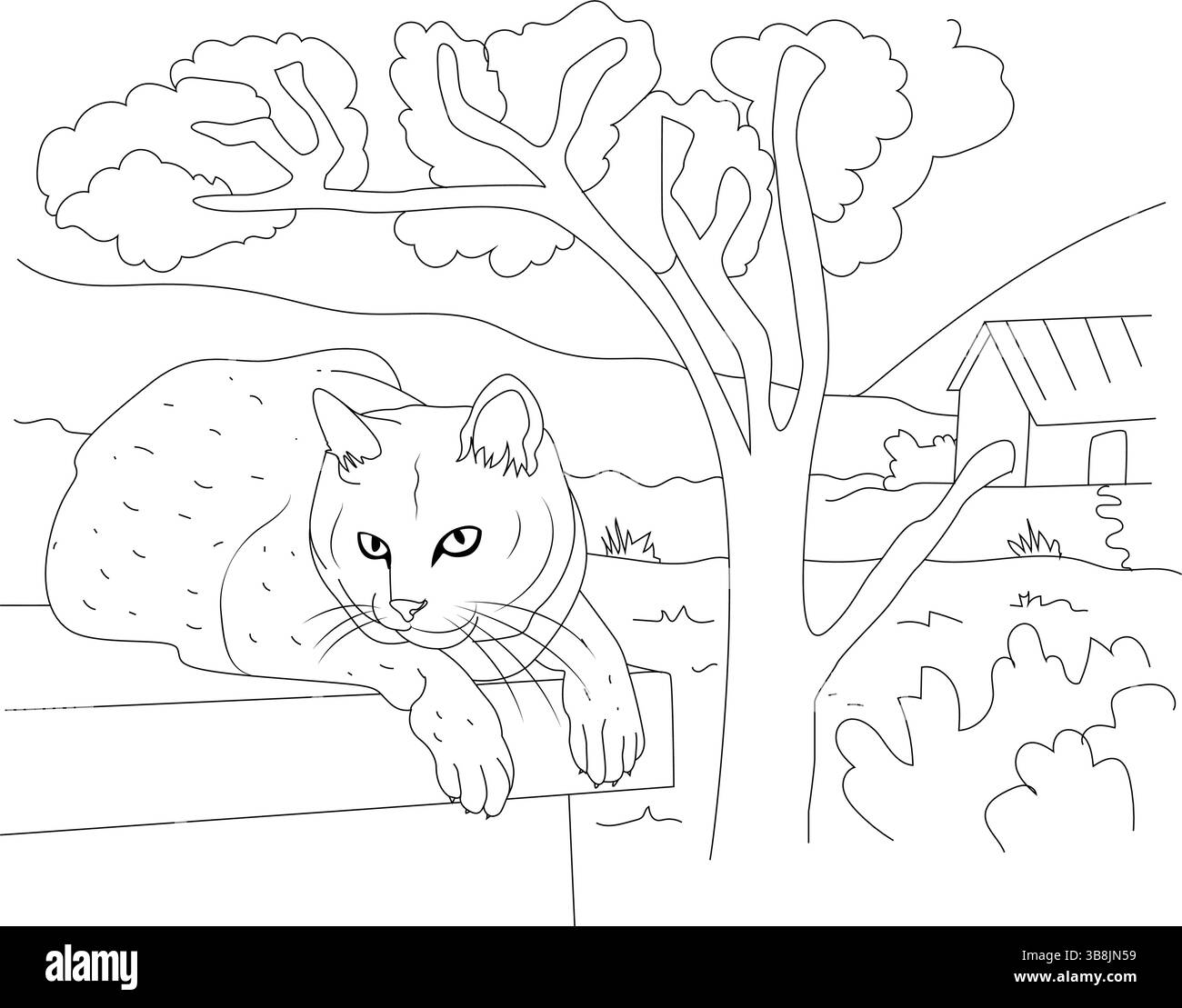 Schwarz-weiße Strichgrafik-Illustration einer Hauskatze, die auf einer Wand in einer friedlichen ländlichen Landschaft mit Bäumen und einem Haus im Hintergrund sitzt. Leistung Stock Vektor