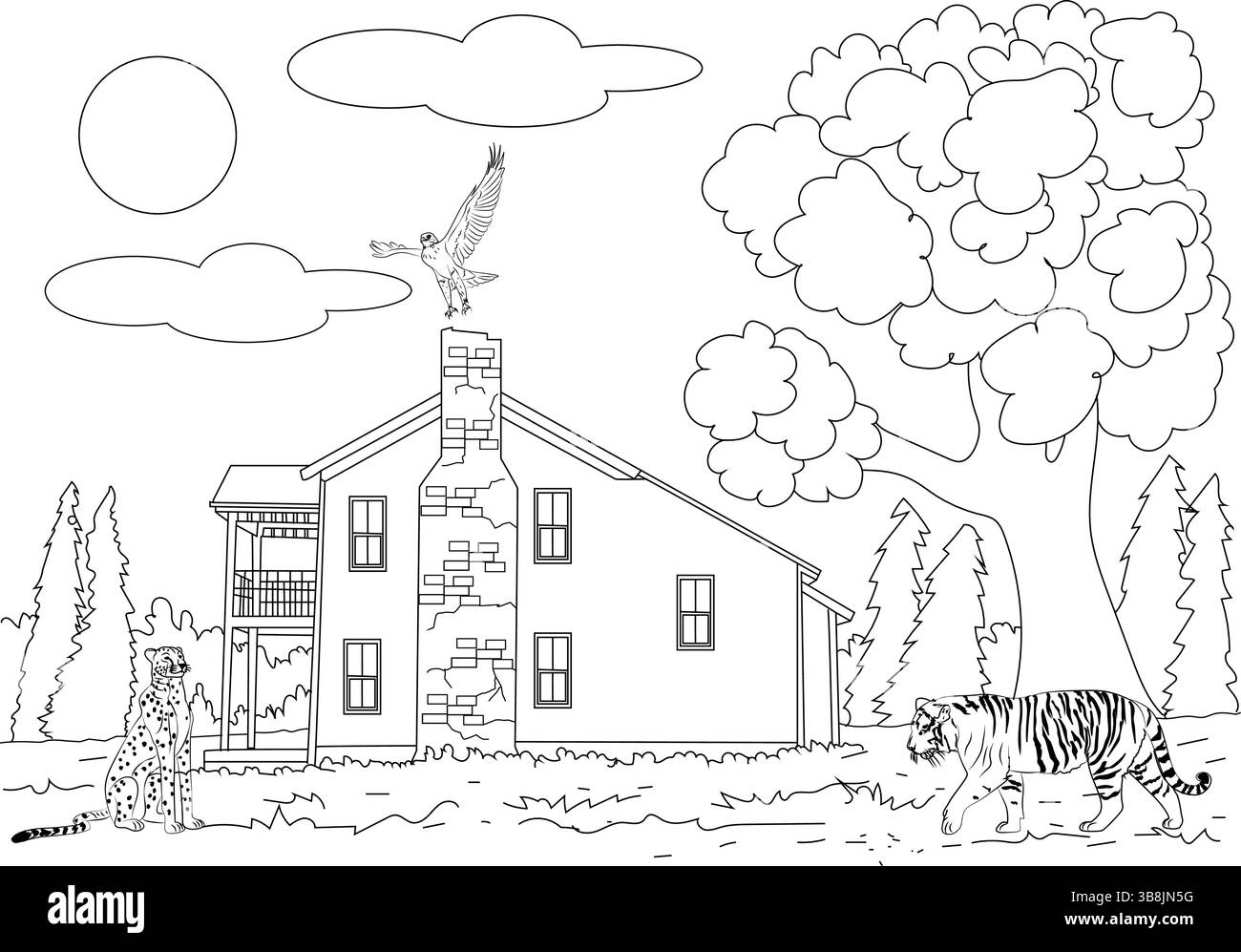 Schwarz-weiße Umrissillustration mit einem Tiger und einem Geparden in einem Dschungel oder Wald, mit einem Haus, Bäumen, Sonne, Wolken, und einen Vogel. Anzug Stock Vektor
